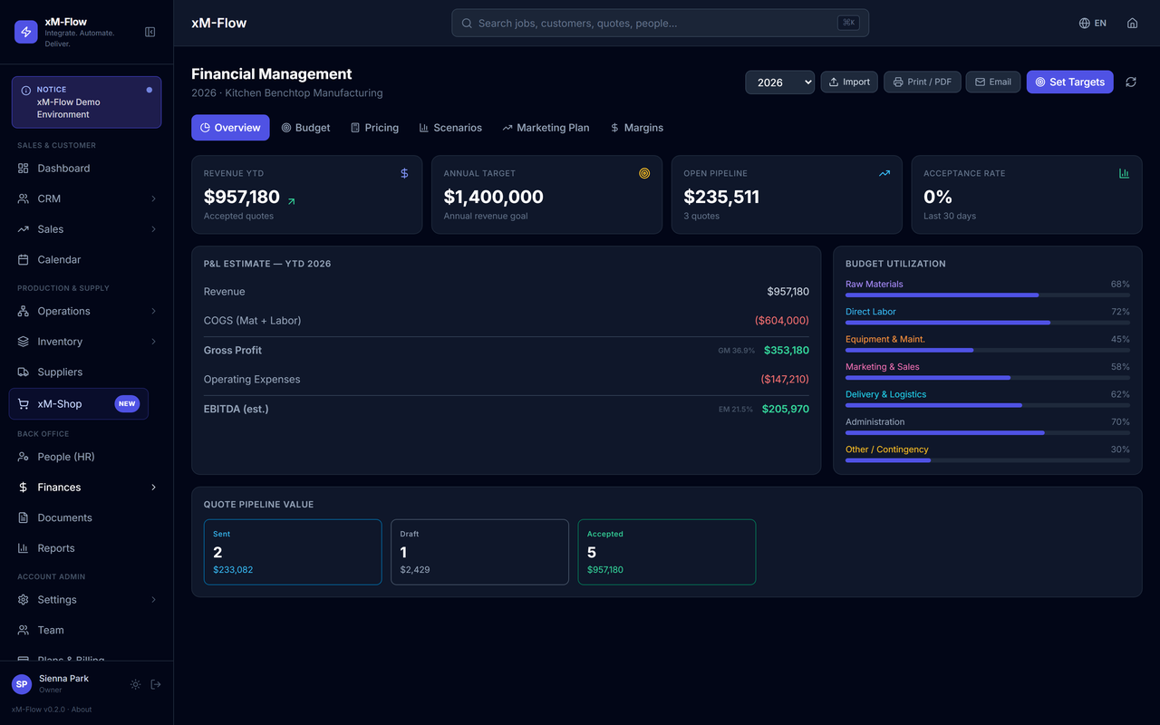xM-Flow financial management screen